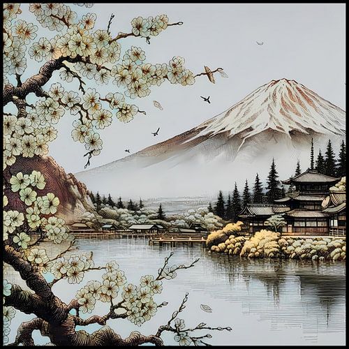 Mount Fuji, flowers, lake and temple