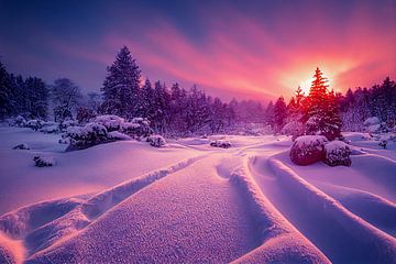 Winterlandschap met zonsondergang in het bos, illustratie 04 van Animaflora PicsStock