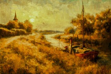 An old ship is moored in a polder village