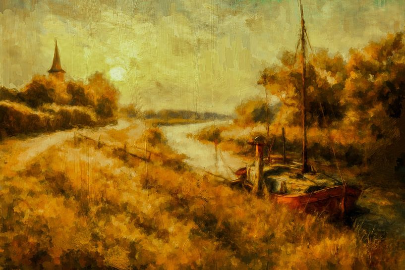 An old ship is moored in a polder village by Geert Van Baelen