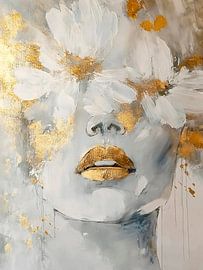 Modernes und heiteres Porträt einer Frau mit Blumen