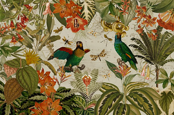 Impressive parrot in the tropical blossom and rainforest jungle