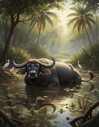 Een wilde buffel die zich koestert in een tropisch moeras