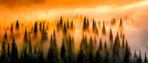 Nevelig boslandschap bij zonsondergang