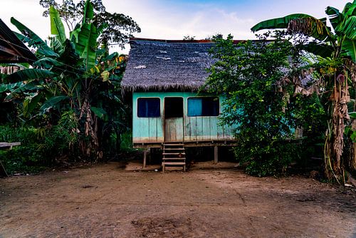 Traditioneel blauw huisje in de Amazone jungle in Peru, Zuid-Amerika