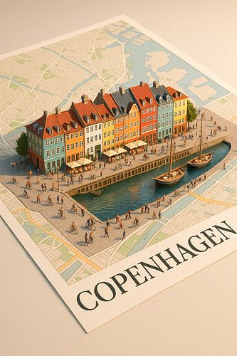 Kopenhagen Nyhavn 3D-kaartdiorama – Kleurrijke Deense wanddecoratie