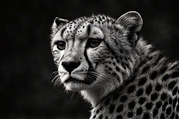 Zwart-wit close-up van een cheetah portret van Art & Soul Creations