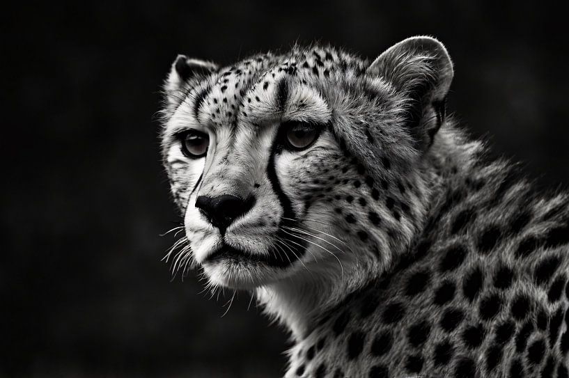 Black-and-white close-up of a cheetah portrait by Art & Soul Creations