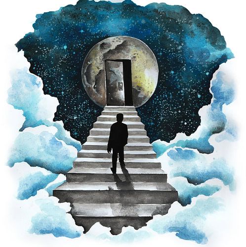 Man loopt op de trap naar de maan