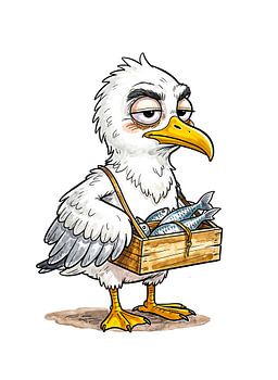 Eine Möwe mit einer Fischkiste an der Küste