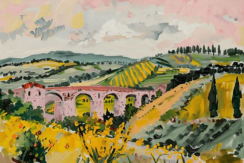 Paysage toscan avec pont en pierre  Description de l'image (allemand)