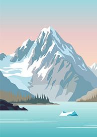 Minimalist flat vector illustration of a snow-capped mountain peak overlooking a calm turquoise glacial lake by Adam Khabibi