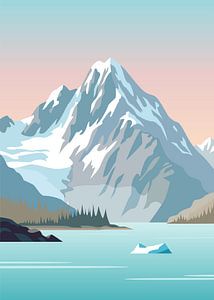 Minimalistische Vektorgrafik eines schneebedeckten Berggipfels mit Blick auf einen ruhigen, türkisfarbenen Gletschersee