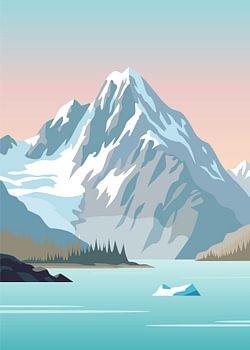 Minimalistische Vektorgrafik eines schneebedeckten Berggipfels mit Blick auf einen ruhigen, türkisfarbenen Gletschersee