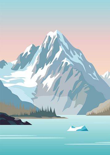 Minimalistische, platte vectorillustratie van een met sneeuw bedekte bergtop die uitkijkt over een rustig, turkoois gletsjermeer