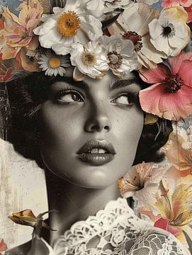Vintage portret met gekleurde bloemen van Carla Van Iersel