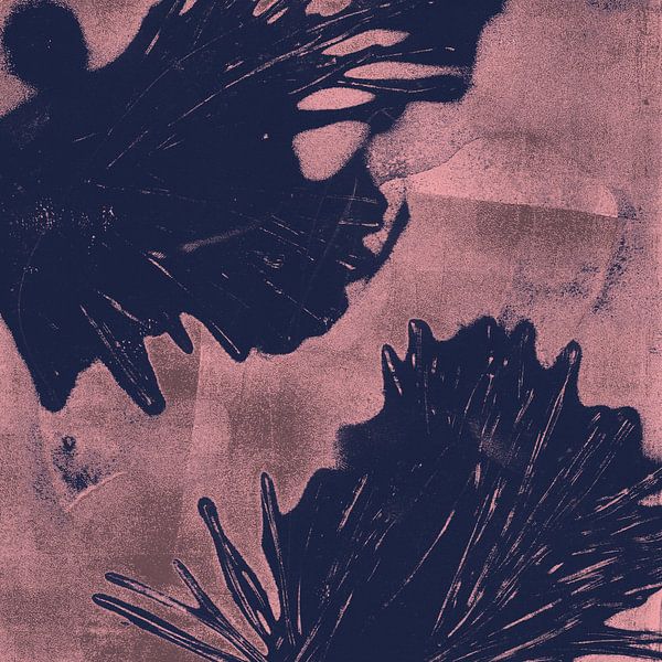 Modern abstract art. Shapes in dark violet on warm pink by Dina Dankers