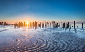 Paaltjes aan de Waddenzee tijdens zonsondergang van Martijn van Dellen