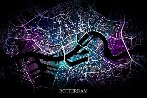 Rotterdam - Abstracte Plattegrond  in Zwart Paars Blauw