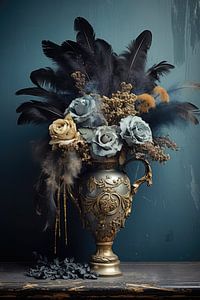 Retro-Vintage-Stillleben mit abgestorbenen Blumen und Blautönen