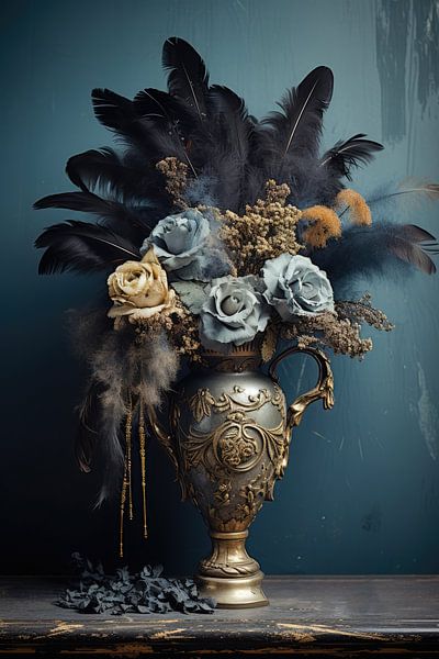 Retro vintage still life with dead flowers and blues by Digitale Schilderijen