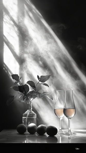 Black and white still life of flowers and fruit in extremely dramatic light by Gelissen Artworks