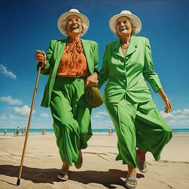 Older ladies beach walk green cheerful sunny by gm_designs
