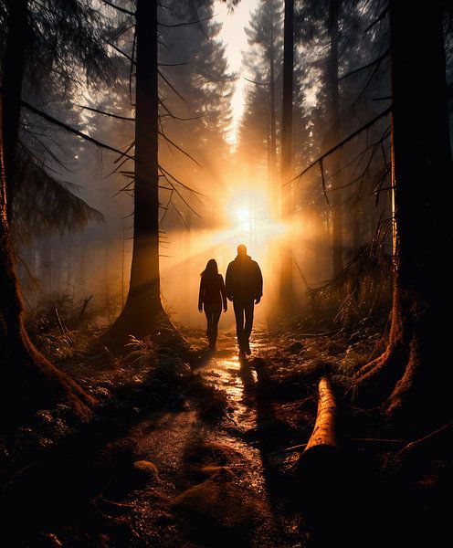 Promenade en forêt au lever du soleil par fernlichtsicht