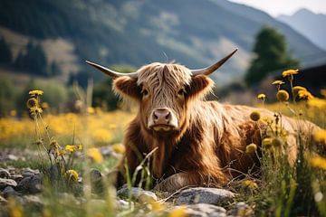 Schottischer Highlander zwischen gelben Blumen von Digitale Schilderijen