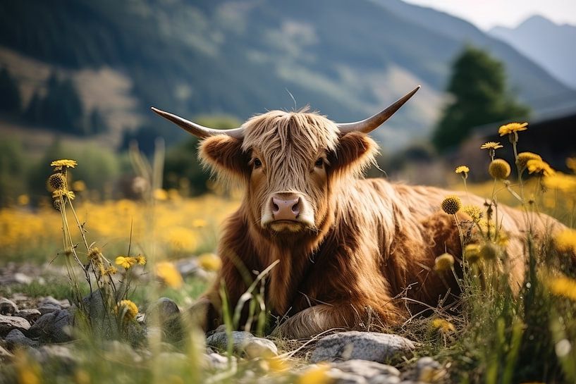 Highlander écossais parmi les fleurs jaunes par Digitale Schilderijen