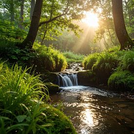 Morgensonne an einem Bach im Wald - Ochtendezon bij een beek in het bos von Christina Bauer Photos