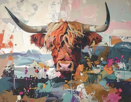 retro kunstwerk kleurige hooglander