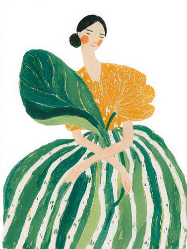 Femme rêveuse portant une robe verte à rayures et à fleurs