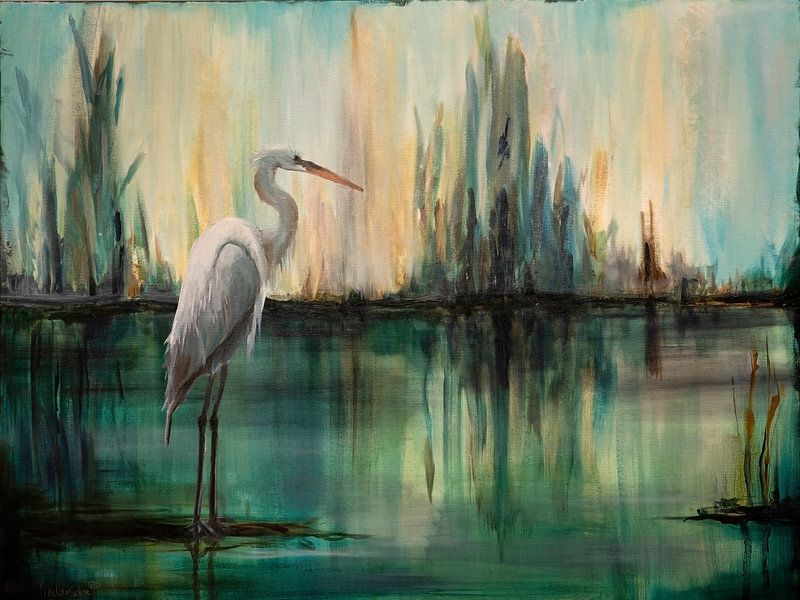 Weißer Reiher am See von Linda van Schie