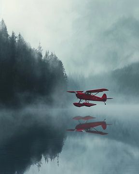 Rood vliegtuig in de mist van fernlichtsicht