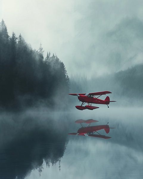 Rotes Flugzeug im Nebel von fernlichtsicht