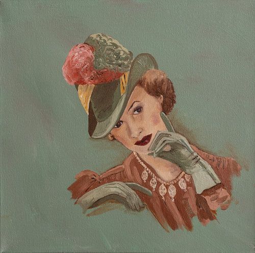 Oil portrait of a woman with hat by Jennemie De Beer