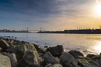 Uitzicht op de Elbe en de Köhlbrandbrug vanaf de stenige oever