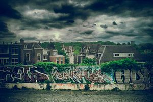 Beeindruckende Szene von Arnheim aus einem fahrenden Zug: Graffiti, Efeu und bedrohliche Wolken