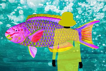 Silhouet met geel hoedje en de gekleurde vis van Brenda Reimers Art