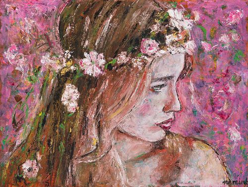 Romance | Roze schilderij met vrouw met bloemen in het haar van Anja Namink - Schilderijen