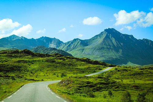 Straße in Richtung Berge auf den Lofoten, Norwegen. von Sara de Leede