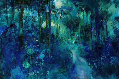 Boslandschap in Maanlicht - Mysterieus Abstract Schilderij