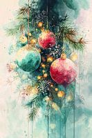 Une aquarelle représentant des décorations de Noël aux douces nuances turquoise et rose chaud, entourées de branches de pin et de lumières dorées. La technique fluide de l'aquarelle crée une interprétation moderne et onirique des décorations de Noël classiques, où les couleurs se fondent subtilement sur un fond clair de délicats flocons de neige.