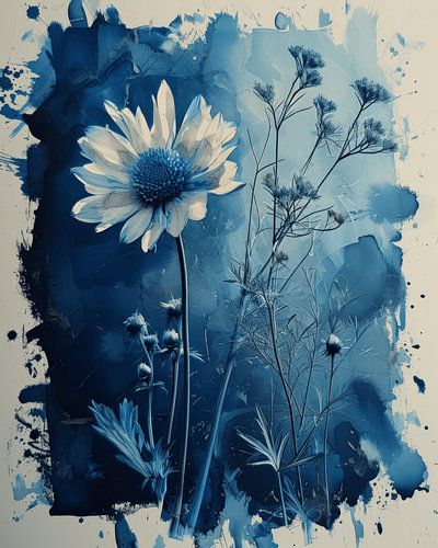 Botanische Collage in Aquarell, blau