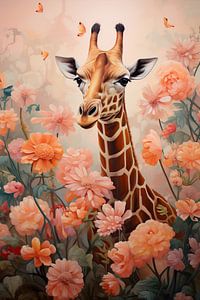 Giraf in Bloesem | Giraf Peach Art van Abstract Schilderij