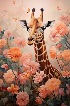 Giraffe in Blüte | Giraffe Pfirsich Kunst von Abstraktes Gemälde