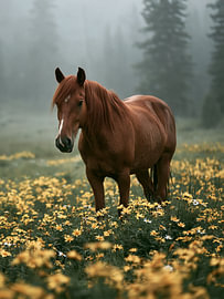 Cheval alezan dans une prairie brumeuse – Art équestre sur StudioRemier