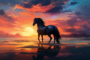 Schwarzes Pferd steht auf einem Sandstrand unter einem wolkigen blauen und orangefarbenen Himmel mit Sonnenuntergang.