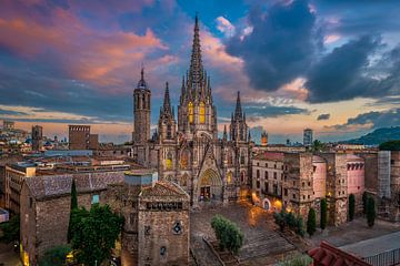 Kathedraal van Barcelona tijdens zonsondergang van Michael Abid